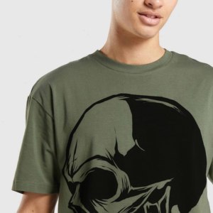 Men's Plus Size Anti-Wrinkle Olive Green <b>Skull</b> Print Short Sleeve O-Neck Streetwear Polyester/Cotton T-Shirt - Product Image 1