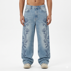 Custom Hot Selling 14oz Stone Washed Denim <b>Jeans</b> Men Streetwear Straight Fit 100% Cotton Solid Color Fade Proof Washable Spring - Product Image 2