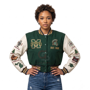 Ladies Varsity <b>Jackets</b> With <b>Leather</b> Sleeves Plus Size Patch Work Fashionable letterman <b>jacket</b> womens lady crop patchwork <b>Jackets</b> - Product Image 2
