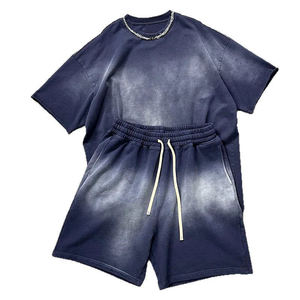 Ensemble 2 pièces vintage délavé pour homme du fabricant : T-shirt ras du cou délavé à l'acide et short respirant à cordon de serrage, impression de logo personnalisé, été - Product Image 1