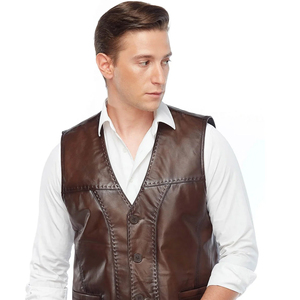 Men's Brown Leather Vest V-Neck Zipper Closure Breathable Casual Outer Wear Regular Fit Winter Street Style - Product Image 5