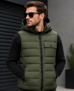 Wholesale OEM <b>Black</b> Puffer Vest <b>Men's</b> Quilted Autumn Casual Warm Thick Sleeveless <b>Waistcoat</b> Detachable Hood - Product Image 2