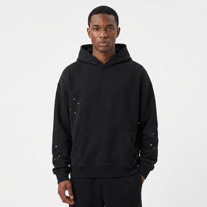 Sweat-shirt à capuche noir surdimensionné avec broderie d'étoiles en strass sur les manches, unisexe, décontracté, en coton tricoté, pour l'automne - Product Image 2