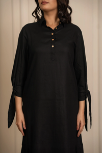 Robe chemise en rayonne noire pour femmes |   Chemise boutonnée à manches longues, longueur genou, décontractée, pour le bureau, confortable, usage quotidien, été - Product Image 4