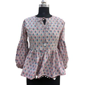 Blusa de verano con estampado de bloques indios Blusa bohemia de algodón puro con diseño floral Top con estampado de bloques de moda - Product Image 5