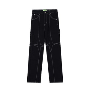 Jeans de créateur pour hommes coupe droite, style streetwear, avec broderies étoiles polaires et franges, de fabricant - Product Image 2