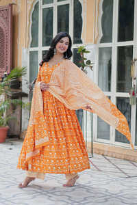 Robe Anarkali en pur coton imprimé indien, ensemble 3 pièces avec pantalon et dupatta - Product Image 2