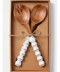 Ensemble de cuillères à salade en bois avec manches perlées blanches, design nordique, couverts en bois naturel pour la restauration, le camping et l'hôtellerie - Product Image 4