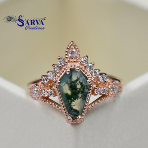 Anillo de compromiso y boda vintage de plata de ley chapada en rodio con gema de ágata musgosa natural, forma de ataúd, hecho a mano, llamativo - Product Image 4