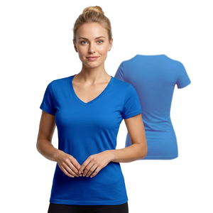 T-shirt décontracté pour femme, col en V, manches courtes, coupe classique, bleu uni, tricoté, longueur normale, toutes saisons, 100% coton - Product Image 6