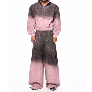 Sudadera con capucha para hombre, 100% algodón, de alto gramaje, con efecto desgastado y rotos, color rosa, estilo sucio, con pedrería, corte holgado, con cremallera, estilo streetwear. - Product Image 5