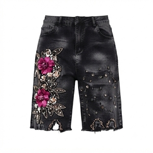 High Waist Denim <b>Shorts</b> With Floral <b>Sequin</b> Embroidery Distressed Hem Bohemian Style Breathable Summer Women's <b>Shorts</b> - Product Image 3