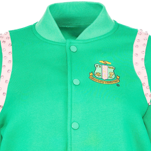 Cropped Varsity Jacket Green Women Sorority Inspired Letterman <b>Coat</b> Embroidered College Style Short Casual Outerwear - Product Image 6