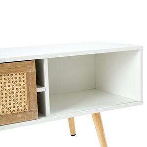 Mobile TV in Legno Massello da 140 cm con Ripiano Regolabile, Doppie Ante Scorrevoli, Finitura in Rattan, Consolle per Soggiorno con Dettagli Bianchi - Product Image 3