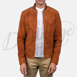Chaqueta Bomber de Gamuza Genuina Color Cognac para Hombre con Cuello de Béisbol Acanalado y Cierre de Cremallera - Product Image 6