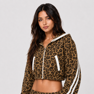 Sweat à capuche court pour femme, imprimé léopard original, avec fermeture éclair, manches rayées, cordon de serrage, en polaire premium doux - Product Image 1