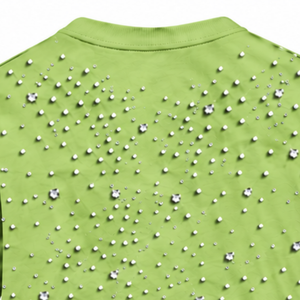 T-shirt unisexe vert clair orné de perles, manches courtes, col rond, perles décoratives, pour un style streetwear et décontracté. - Product Image 4