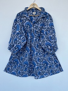 Women's White Blue Floral Mini <b>Dress</b> Pure Cotton Summer Wear Beach Holiday Ladies Outfit Boho Women <b>Dress</b> Bulk Manufacturer - Product Image 1