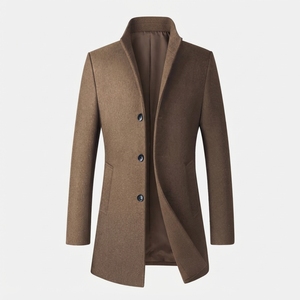 Blazer en laine pour homme, style britannique, col mandarin, simple boutonnage, coupe droite, tissé, teint uni, marron - Product Image 1