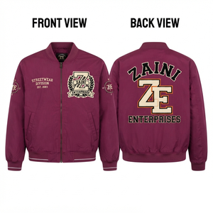 Men's Windproof Winter Bomber Jacket Premium 120 GSM Polyester Woven Shell Burgundy Ribbed Cuffs Custom Embroidered <b>Applique</b> - Product Image 1