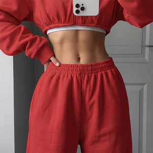 Premium Women <b>Red</b> Cotton Hooded Tracksuit Set Casual Loose Fit Full Length Solid Color With Side Pockets Autumn Wear <b>Crop</b> <b>Top</b> - Product Image 3