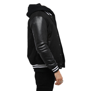 Chaqueta Varsity Letterman de Cuero Genuino y Lana Color Negro Sombra - Product Image 1