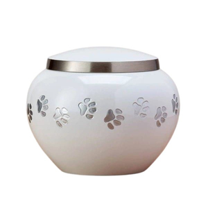 Pearly White Metal Pet Cremation <b>Urn</b> for Dog & <b>Cat</b> Ashes Handcrafted Memorial Keepsake with Polished Silver Paw Prints & Secure - Product Image 1