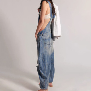 Women's Vintage Washed Denim Dungarees <b>Jumpsuit</b> Multi <b>Pockets</b> Casual Baggy Workwear Overall - Product Image 3
