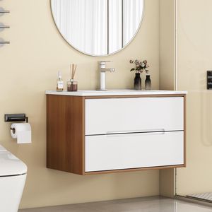 Mobile Bagno Sospeso da 32 Pollici con Doppio Cassetto, Sistema Soft-Close e Lavabo in Ceramica Arrotondato - Collezione Soli-Bathroom - Product Image 1