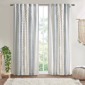 Pannello tenda bianco/Navy stampato in cotone con striscia di ciniglia e fodera 50x84 "Set mantovana e tende - Product Image 1