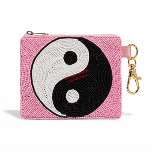 <b>Pink</b> Beaded Yin Yang Coin <b>Purse</b> with Zipper and Keychain Hook Handmade Mini Wallet for Fashion Accessories - Product Image 1