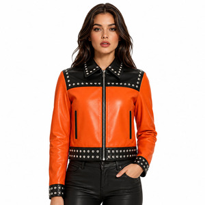 Women Genuine Leather Studded <b>Jacket</b> Ladies PU Leather Studded <b>Jacket</b> Zip Up Female Leather Studded <b>Jacket</b> With Pockets - Product Image 6