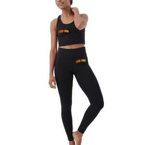 Custom Logo Yoga Set Black Racerback <b>Crop</b> Top High Waist Full Length <b>Leggings</b> Four-Way Stretch Spandex Polyester 2 Piece - Product Image 1