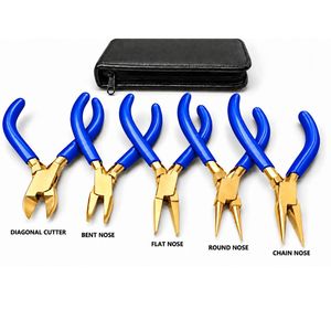 5 Pcs Gold Titanium Jewelry <b>Pliers</b> <b>Set</b> with Case Diagonal Round Flat Chain Nose - Product Image 2