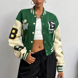 Green Cream Varsity Jacket Women Full Sleeve Letter Print Turn-down Collar Single Breasted Autumn Wear - Product Image 1