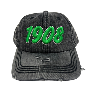 AKA Black Denim Distressed Hat Green Numbers Embroidered Baseball <b>Cap</b> Adjustable Washed Denim Headwear Casual Fashion <b>Vintage</b> - Product Image 1