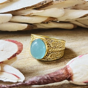 Fashionable Design Aquamarine <b>Rings</b> Boho Brass Band Women 18k <b>Gold</b> Plated Filigree Scroll <b>Cocktail</b> Design <b>Ring</b> Wholesale/OEM/ODM - Product Image 1
