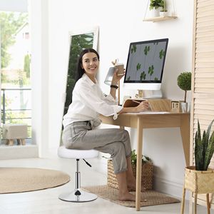 Modern 360-Degree Swivel Makeup Ottoman <b>Stool</b> Tufted Adjustable <b>Vanity</b> <b>Stool</b> in White PU Leather - Product Image 4