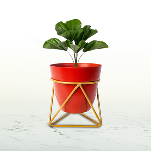 Red <b>Metal</b> Flower Planter Pot with Iron <b>Stand</b> Modern Elevated <b>Plant</b> Holder for Stylish Indoor Garden Decor - Product Image 1