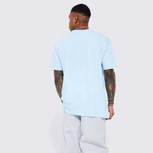 เสื้อยืดคอกลมสีฟ้าอ่อนทรงโอเวอร์ไซส์สำหรับผู้ชาย ผ้าฝ้ายเรียบ แขนสั้น สไตล์ลำลอง สตรีทแวร์ เสื้อยืดฤดูร้อน รับทำโลโก้ตามสั่ง OEM ODM ขายส่ง - Product Image 4