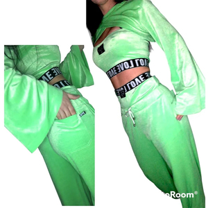 Custom Women Velvet Three Piece Tracksuit Set Sexy Tube Top Flare Pants <b>Bell</b> Sleeve Crop Shrug Lounge Wear - Product Image 5