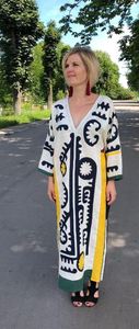 Robe kaftan à imprimé géométrique, col en V, manches trois quarts, maxi, coupe ample, en coton tissé, tenue décontractée d'été pour femmes - Product Image 1
