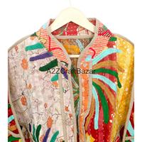 Veste Kimono Bohème Kantha Unisexe en Coton Matelassé Respirant Imprimé Patchwork Fait Main, Motif Floral Vintage, Printemps Hiver