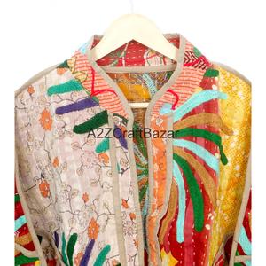 Handcrafted Unisex Cotton Quilted Patchwork <b>Jacket</b> Bohemian <b>Kantha</b> Kimono Coat Spring Winter Vintage Floral Eco-Friendly - Product Image 2