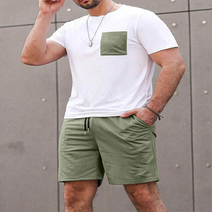 OEM Manufacture Casual Style Men's Summer Tracksuit T Shirt with chest pocket & Short <b>Set</b> 100% Cotton Plain Men Fashion <b>Set</b> - Product Image 6
