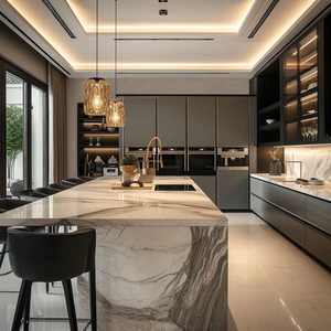 CBMmart Gris brillant personnalisé - Panneau de porte en verre sans poignée avec éclairage LED intégré et grands plateaux en marbre cascade - Product Image 1