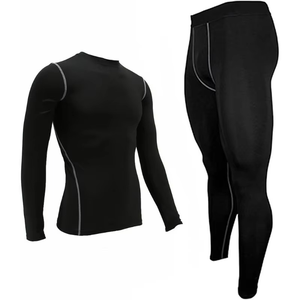 Ensemble de compression pour homme noir à manches longues, col rond, séchage rapide, en Spandex et Polyester, haut et pantalon, toutes saisons, kit uni - Product Image 2