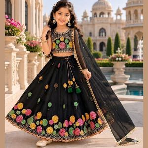 Black And White Multi Embroidery Work Georgette Full Stitched Designer Flared Lehenga Choli Set with <b>Net</b> <b>Dupatta</b> For Party Wear - Product Image 1
