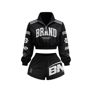 Women's Black Crop Top Tracksuit Set Quarter Zip <b>Jacket</b> and Shorts Letter Print Athletic Wear All Seasons Sportswear Windbreaker - Product Image 1