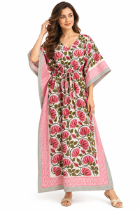 Robe Kaftan Rose Femme Motif Animalier Bohème Maxi Plage Col V Tenue de Vacances Coupe Ample Longue 100% Coton Respirant Vente en Gros Boutique - Product Image 6